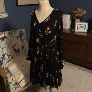 Kate Spade Black Floral faux wrap dress with long sleeves